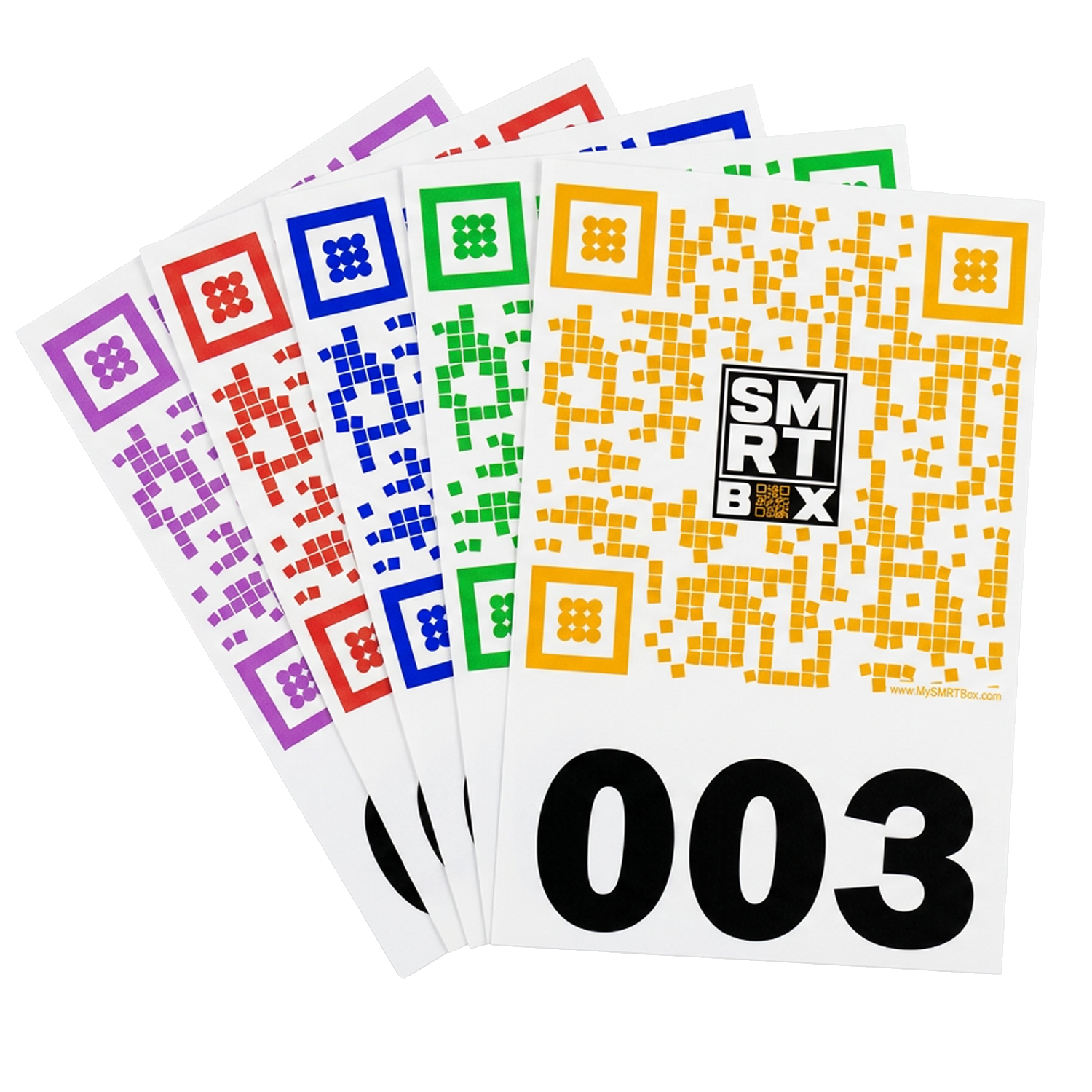 Fanned set of color-coded SMRT Box QR labels