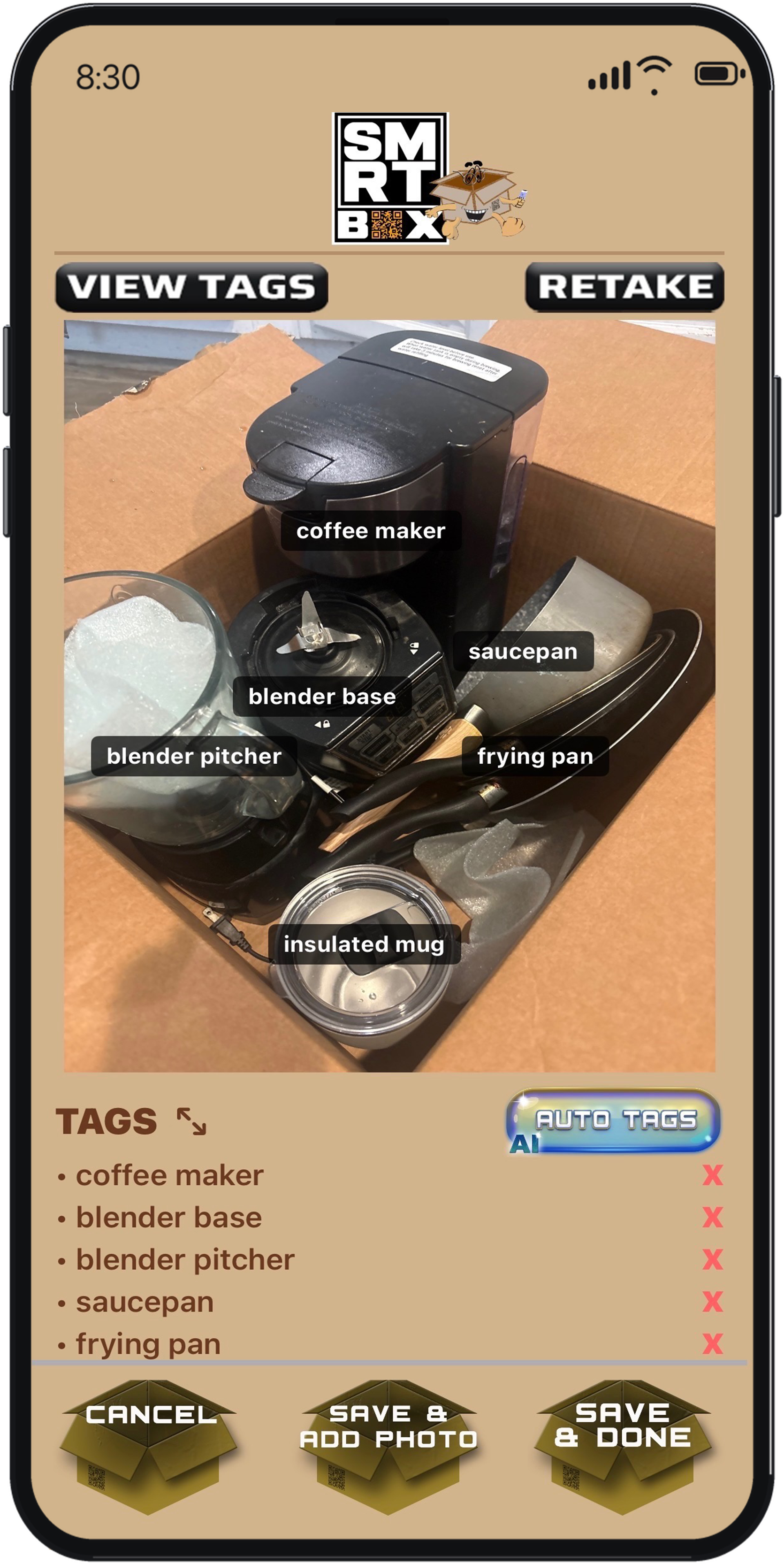 AI tags identifying items in a box photo