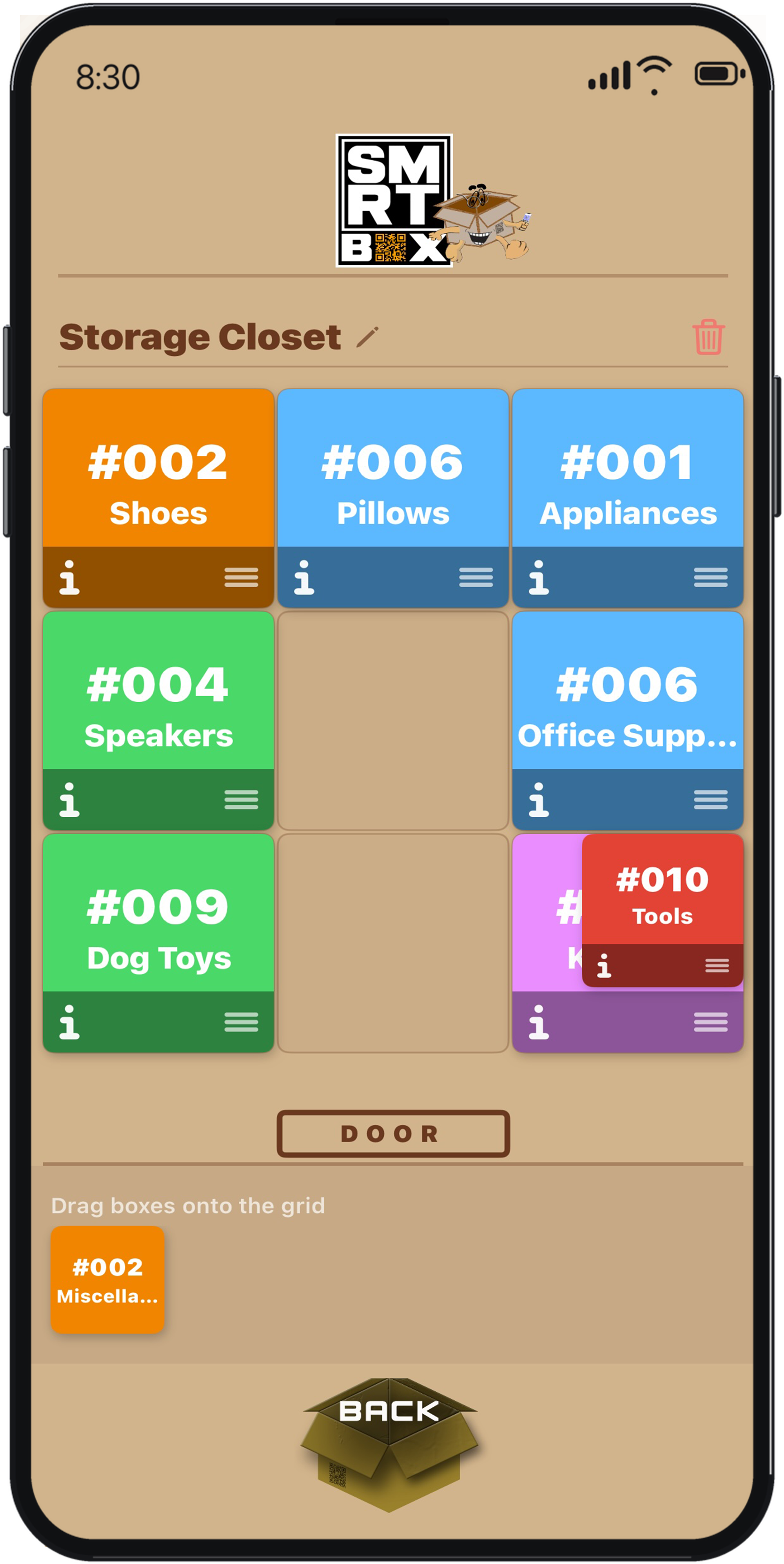 Mapping boxes in a storage closet grid